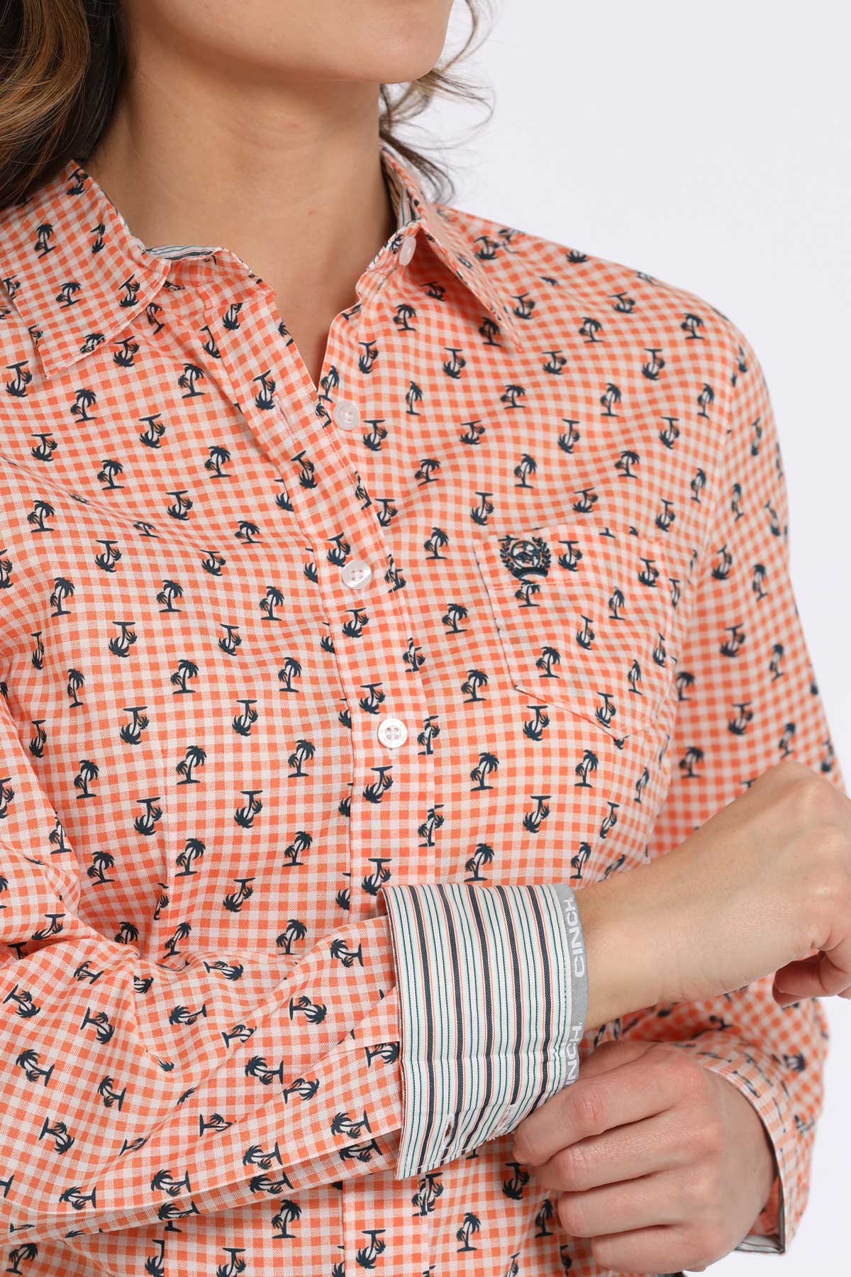 Cinch Womens Orange Print W/ Palm Tree L/S Shirt