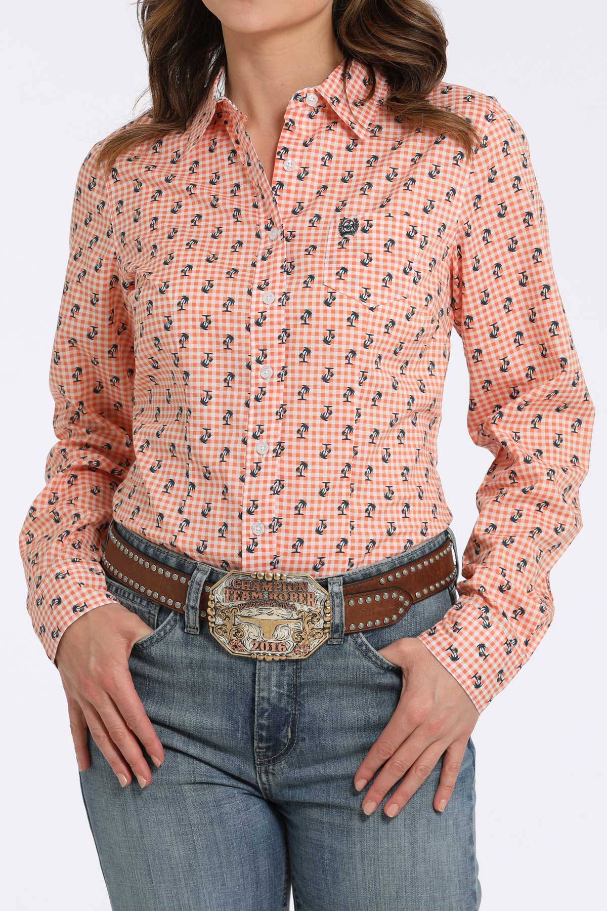 Cinch Womens Orange Print W/ Palm Tree L/S Shirt