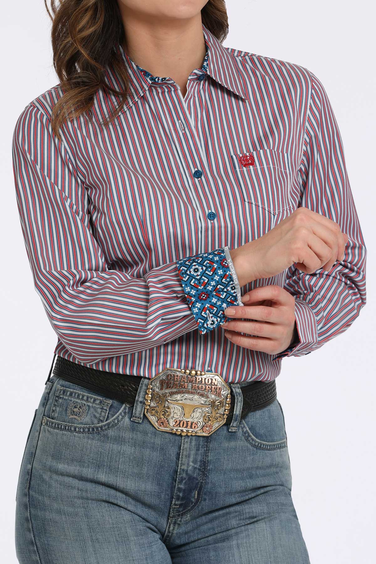 Women's Cinch Red White & Blue Stripe L/S Shirt