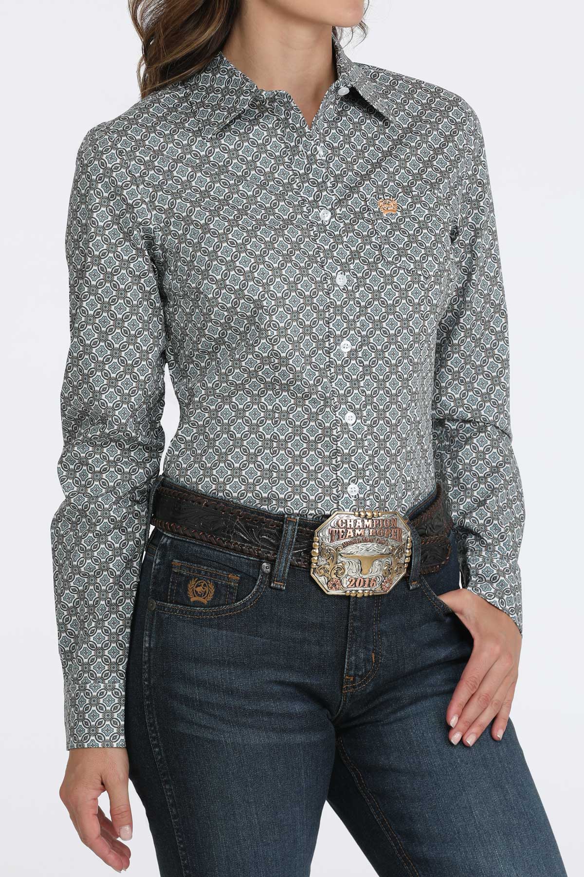 Cinch Women's Long Sleeve Button Up Western Shirt - White & Blue Medallion Print