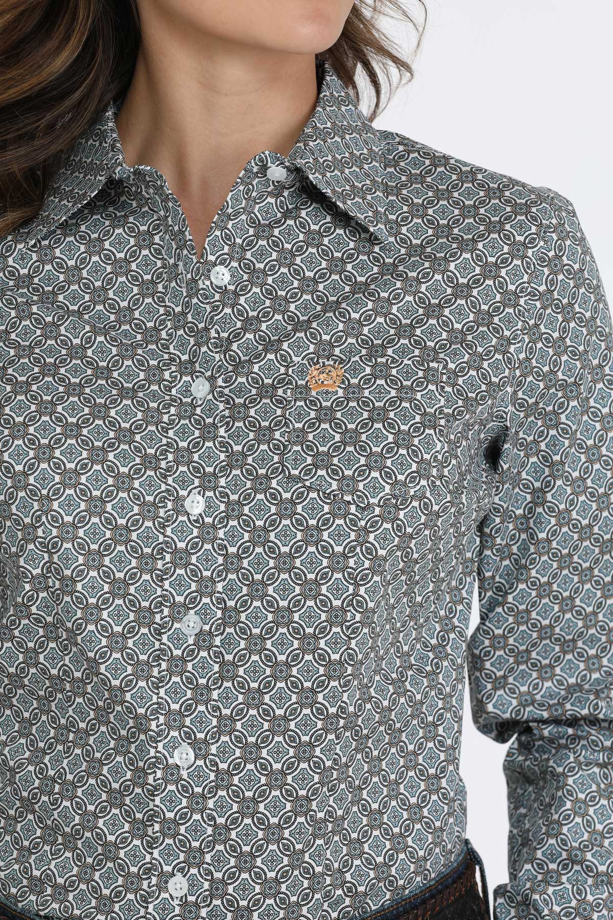 Cinch Women's Long Sleeve Button Up Western Shirt - White & Blue Medallion Print