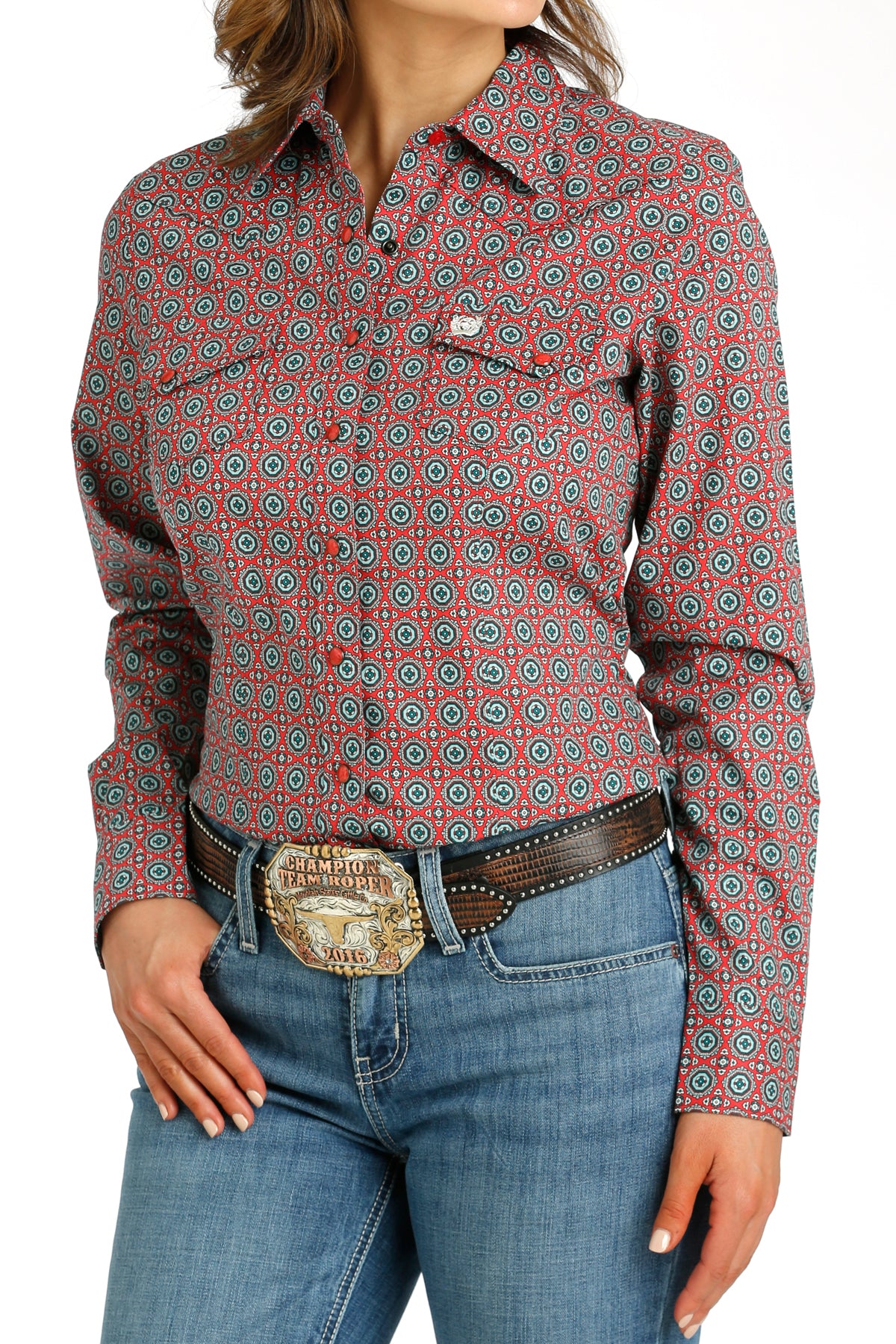 Womens Cinch L/S Red Print Pearl Snap