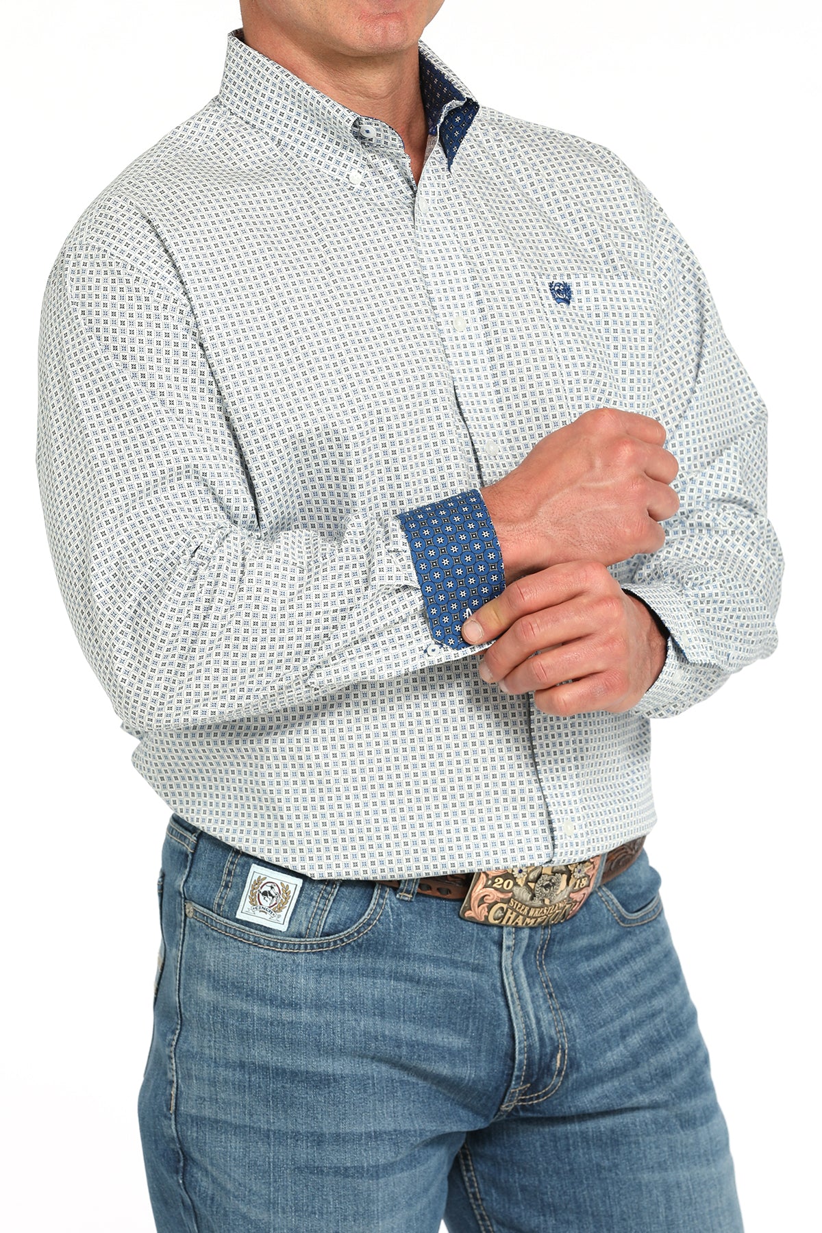 Mens Cinch L/S White Print Blue Cuff Shirt