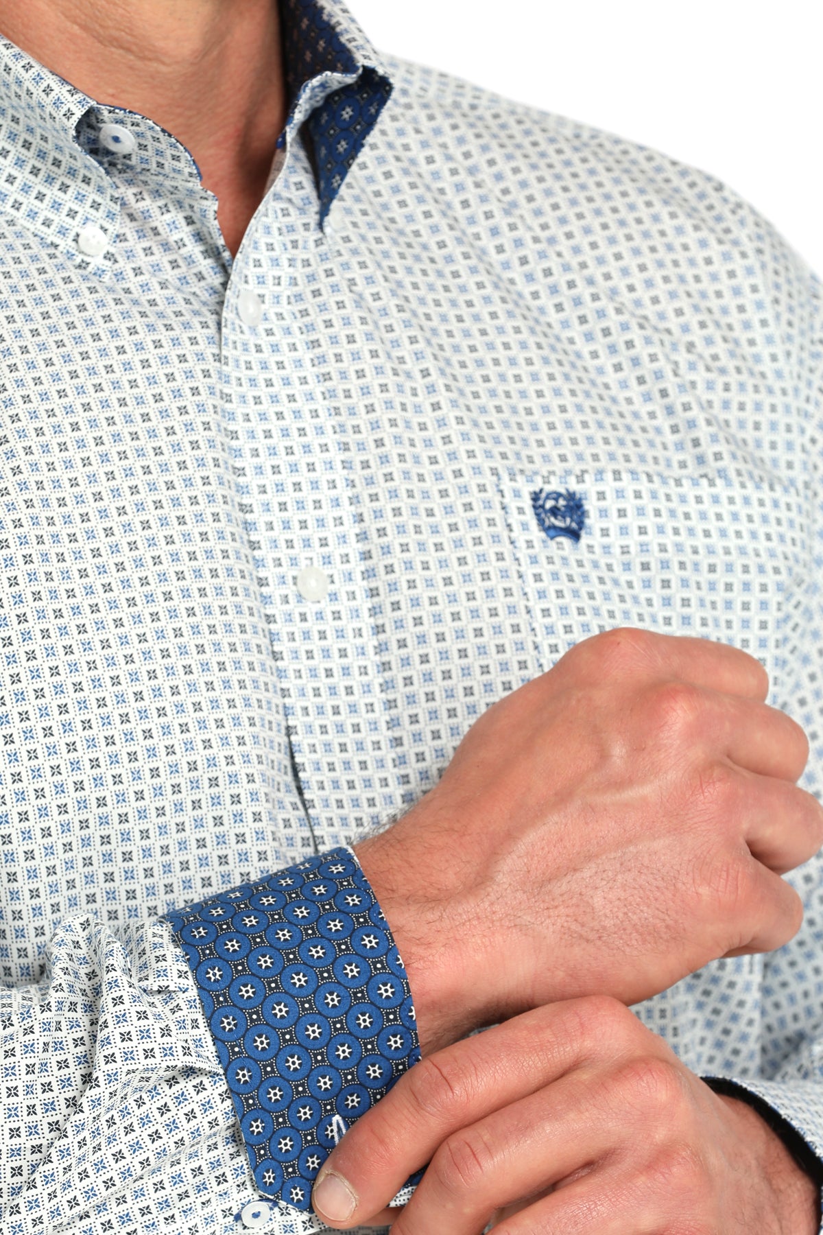 Mens Cinch L/S White Print Blue Cuff Shirt