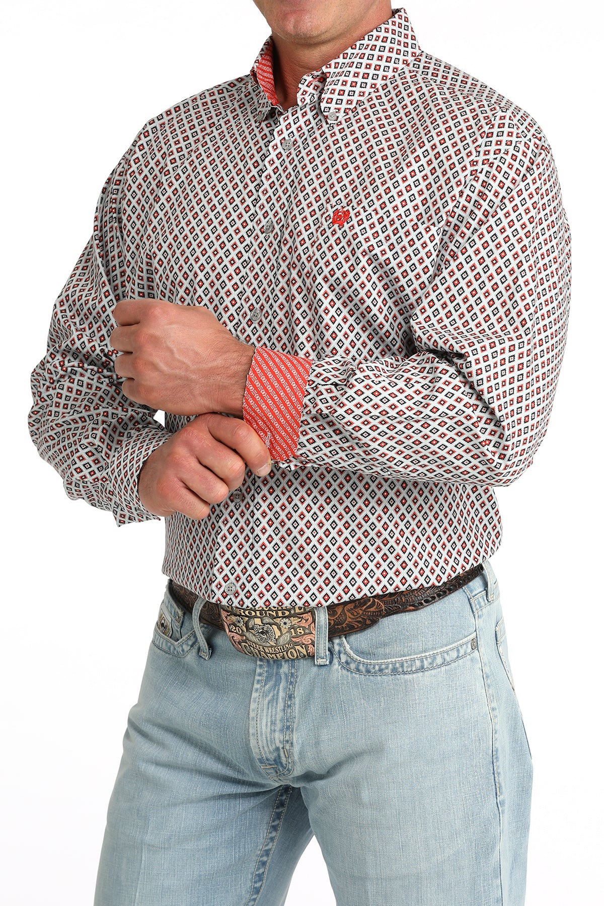 Mens Cinch Red Black & Gray Print L/S Shirt