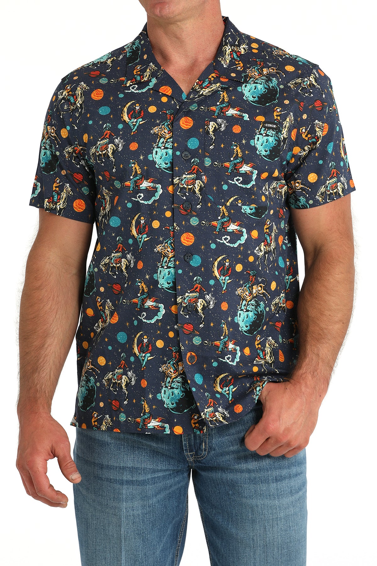 Mens Cinch Navy Space Cowboy Camp Shirt S/S