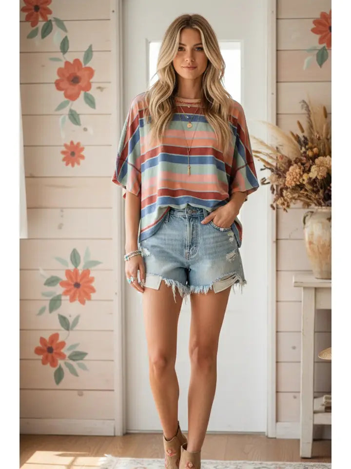 Mineral Washed Multi Stripe Knit Top
