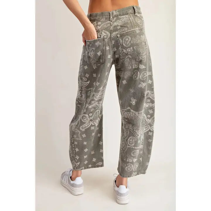 Mineral Washed Paisley Printed Jeans Olive