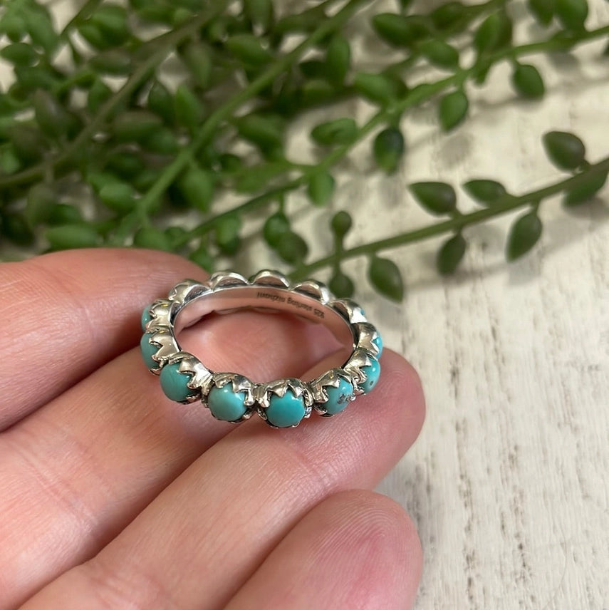 Natural Kingman Turquoise & Sterling Silver Mini Eternity Band Sz 6
