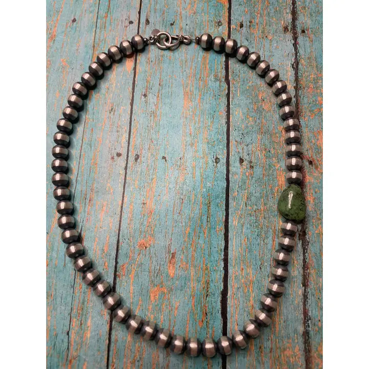 Navajo Sterling Silver Pearl 8mm Beaded Necklace with Turquoise Stone 18"