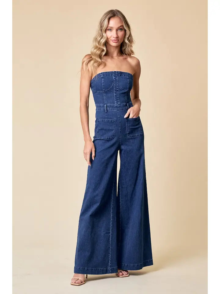 Off Shoulder Wide Leg Denim Jumpsuit