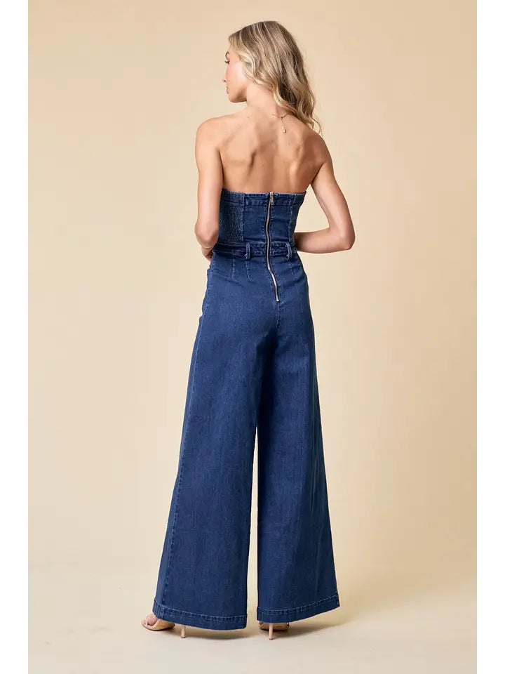 Off Shoulder Wide Leg Denim Jumpsuit
