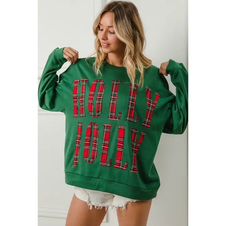 Plaid Holly Jolly Lettering Christmas Sweatshirt