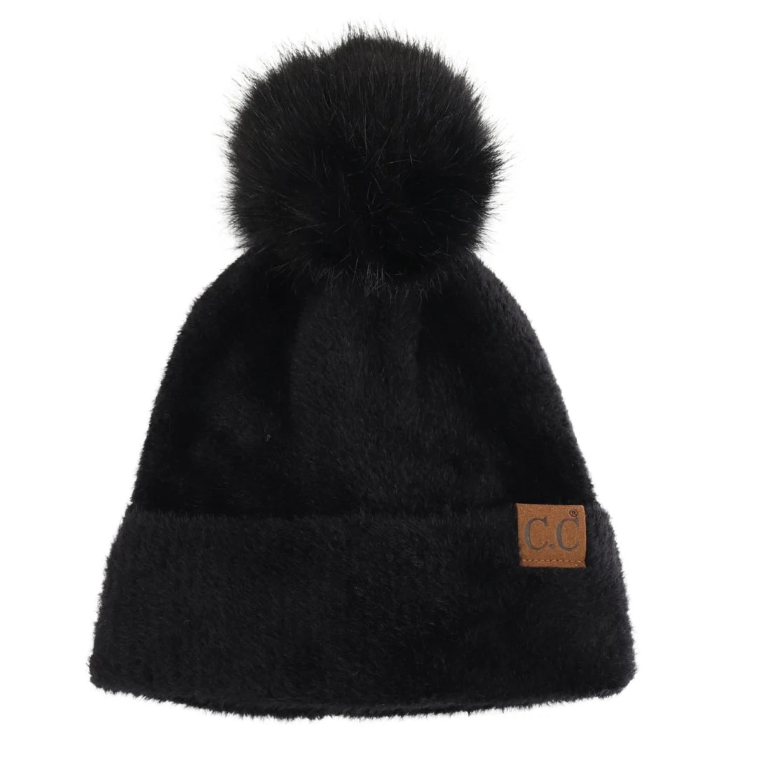 Plush Chenille Pom C.C Beanie Black