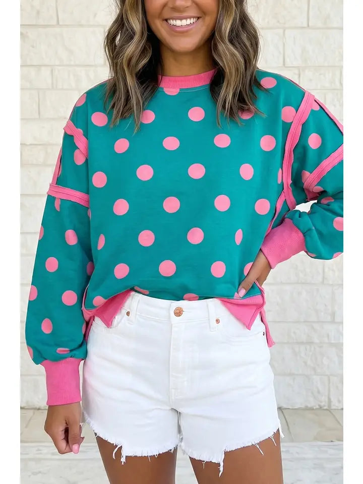 Polka Dot Patchwork Long Sleeve Pullover Sweatshirt Pink Polka Dot