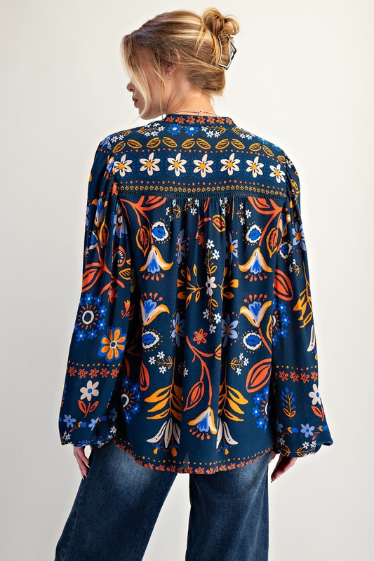 Printed Rayon Gauze Woven Top Indigo Blue