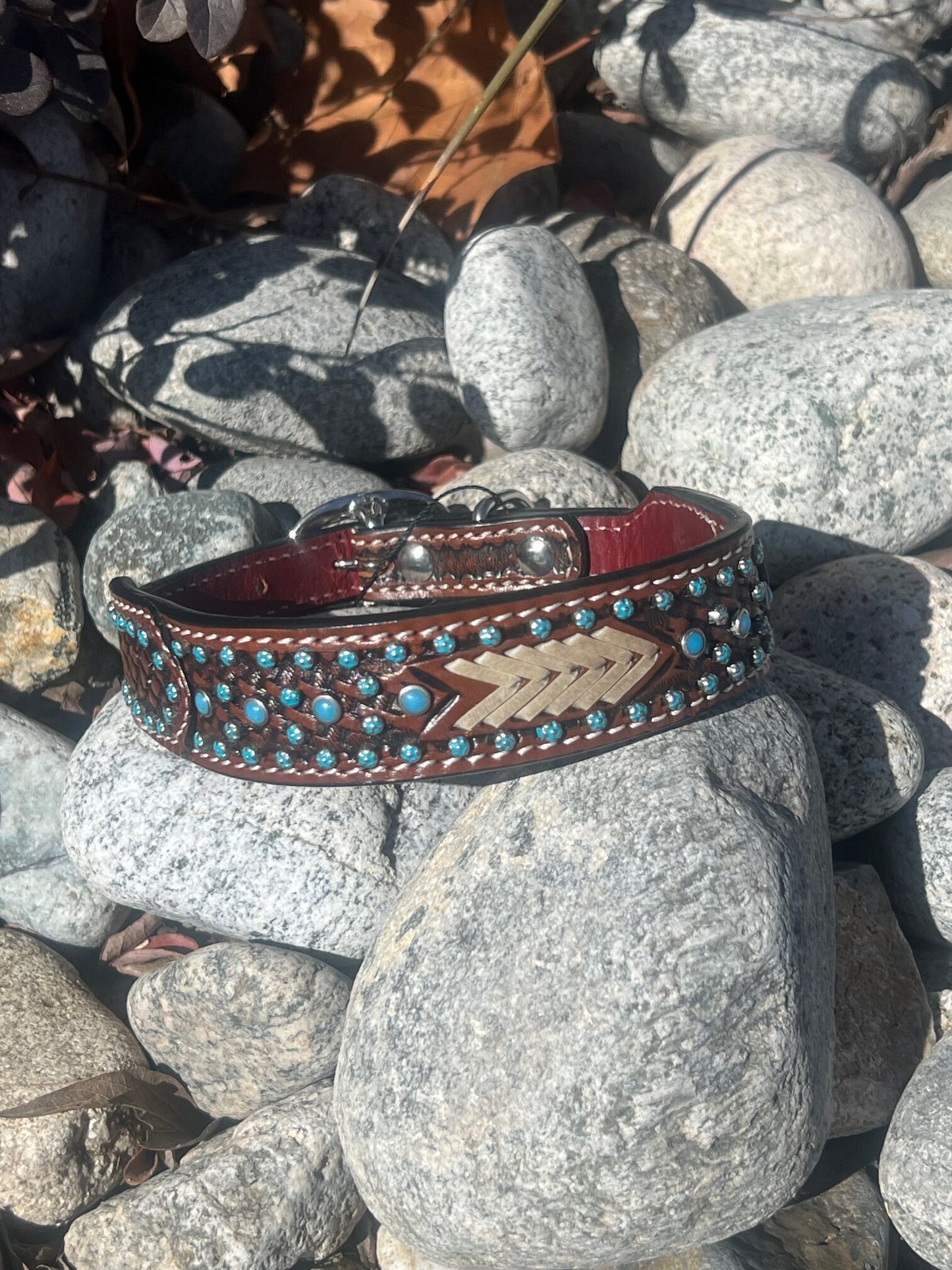 Dog Collar with Basket Tooling, Rawhide Weaving, Turquoise Flower Spots, Turquoise Beads