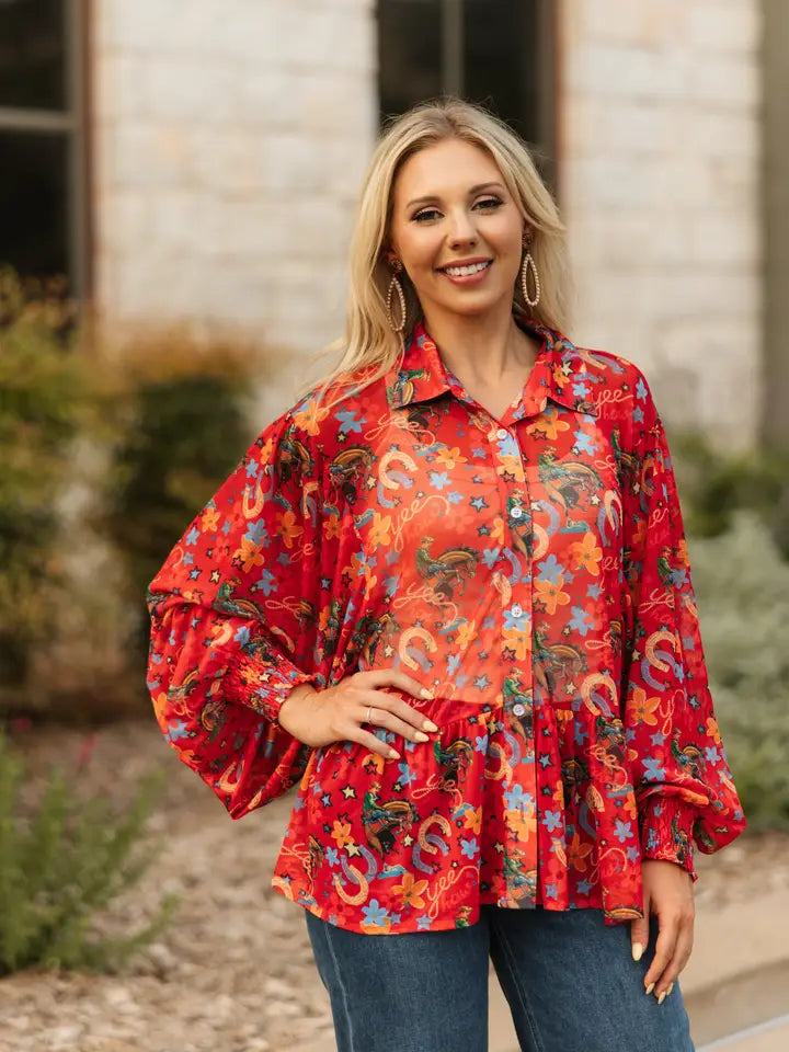 Red Yeehaw Ruffle Mesh Blouse