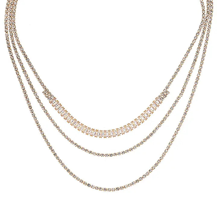 Rhinestone Crystal Baguette 3 Layer Necklace