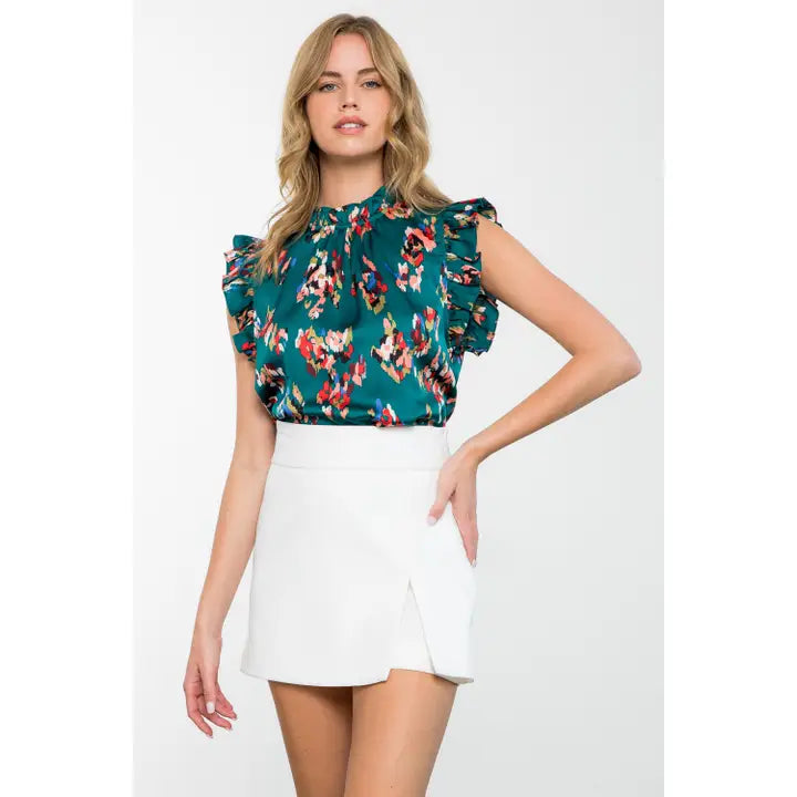 Teal Ruffle Sleeve Print Top