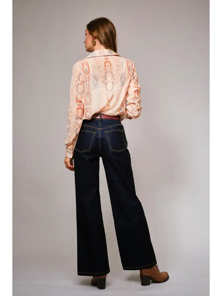 Ruffle Front Western Sheer Blouse