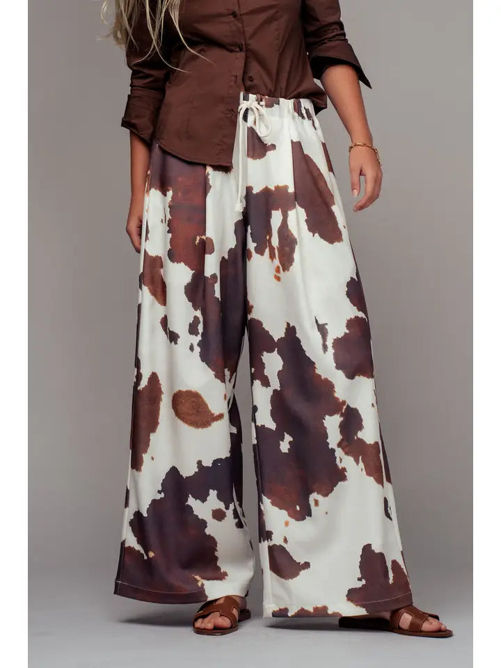 Rustic Ranch Cowhide Print Wide-Leg Pants