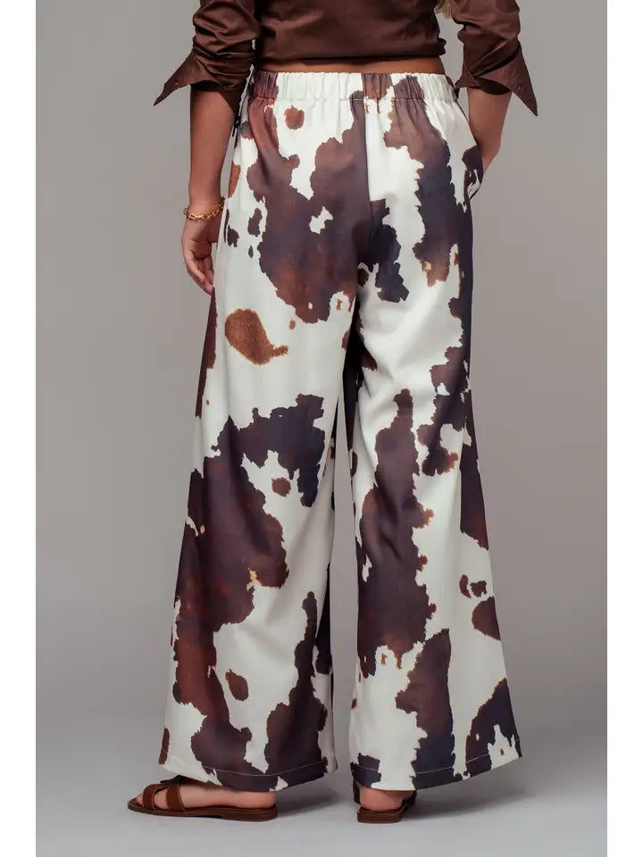 Rustic Ranch Cowhide Print Wide-Leg Pants