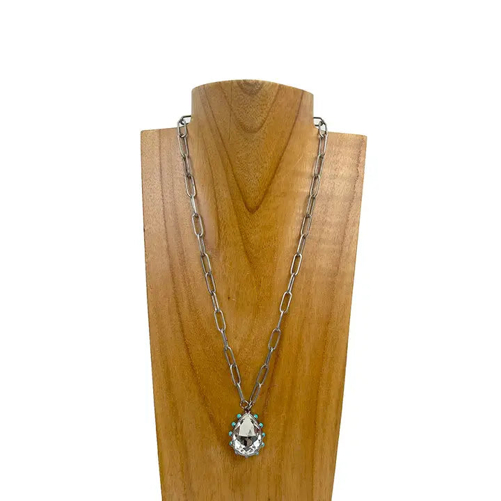 Silver Metal Chain with Clear Crystal Teardrop Pendent Necklace