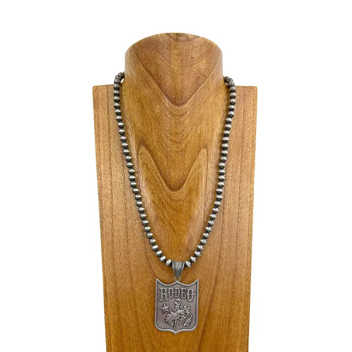 Silver Navajo Pearl Beads with Silver Metal Western Pendent Necklace