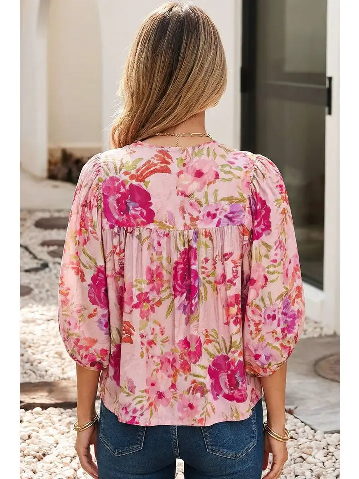 Spring Floral Print Tie Neck Puffy Half Sleeve Blouse