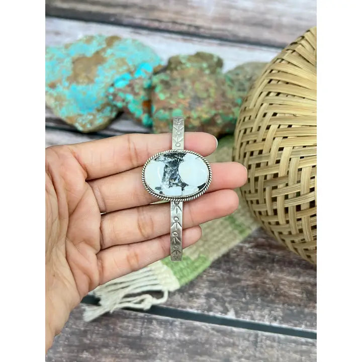 Sterling Silver White Buffalo Turquoise Cuff Bracelet with Signed Nizhoni