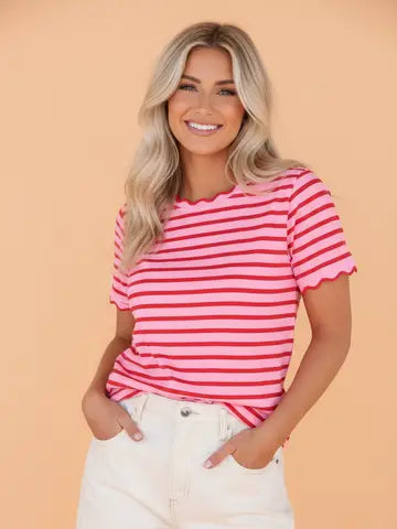 Pink Stripe Scallop Trim T-Shirt