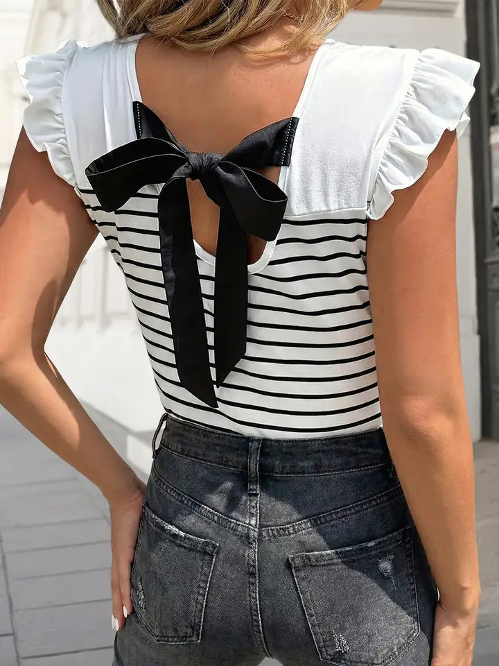Stripe Contrast Knot Back Ruffle Trim Tank Top