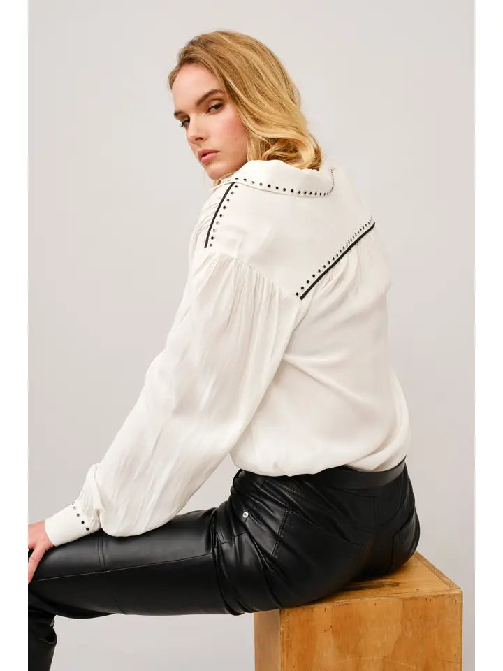 Studded Contrast Piping Collared Blouse