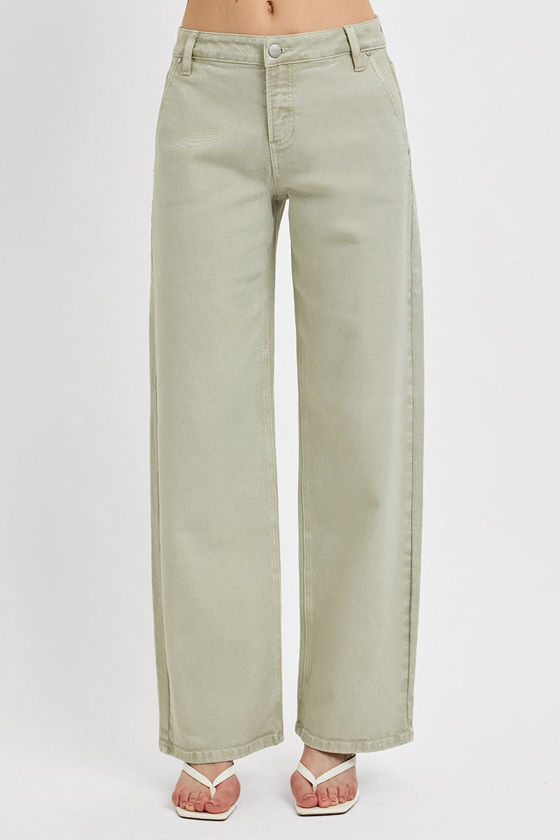 TUMMY CONTROL MID RISE FIT ANKLE BAGGY PANTS PISTACHIO