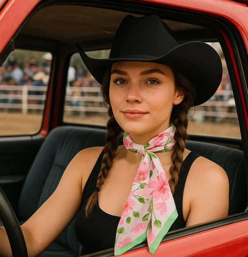 Pink and Green Floral Western Skinny Mini Wild Rag Scarf / Cowgirl Necktie