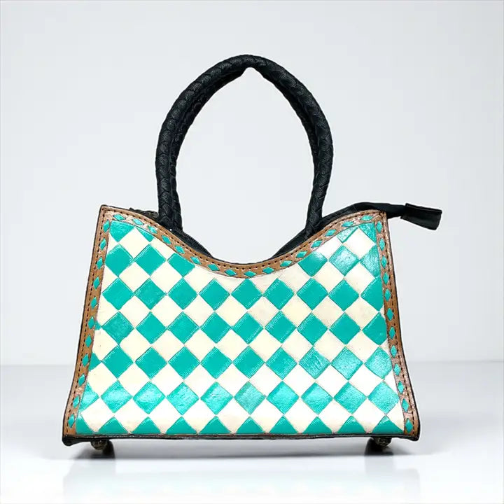 Turquoise Checker Tooled Leather Crossbody Bag