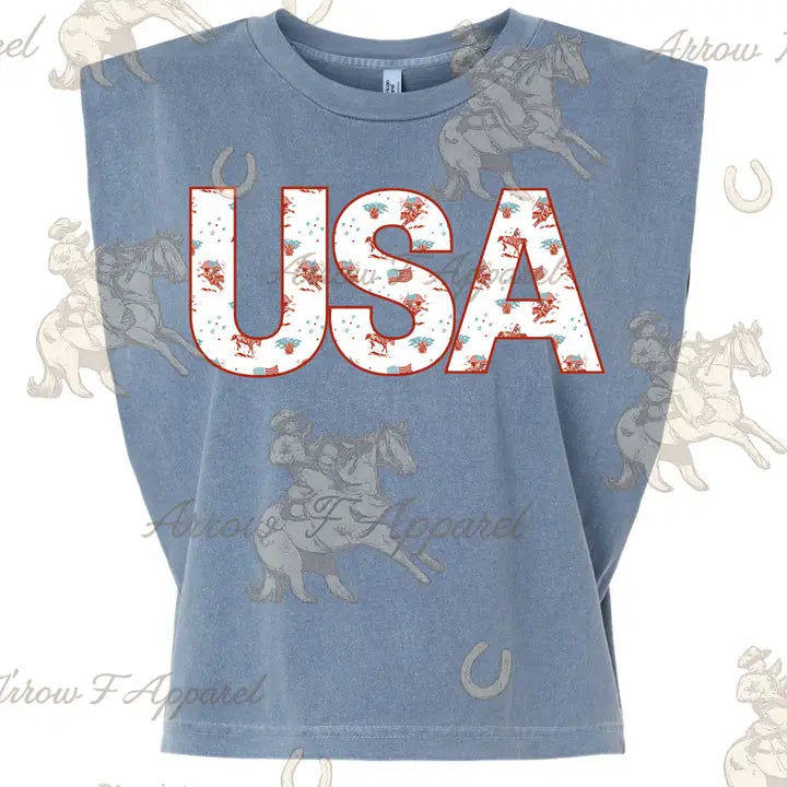 USA Western Print| Western Graphic Muscle Tank (Faded Navy)