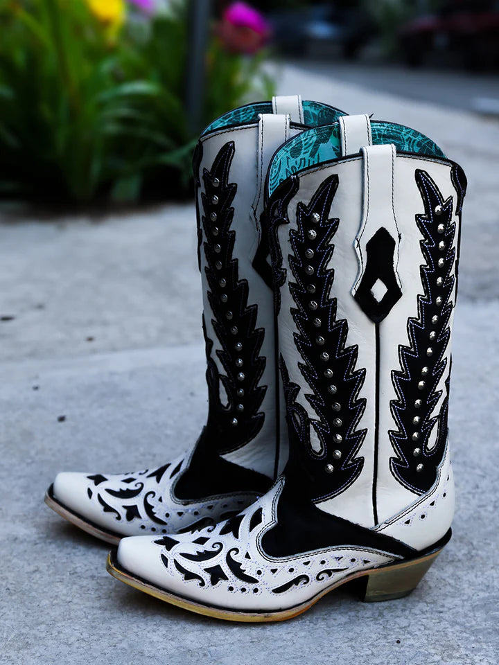 WOMEN'S BLACK OVERLAY EMBROIDERY AND STUDS SNIP TOE WHITE COWBOY BOOT