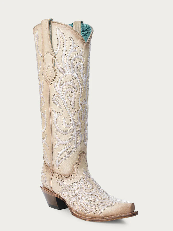 WOMEN'S WHITE EMBROIDERY STRAW TALL TOP SNIP TOE COWBOY BOOT
