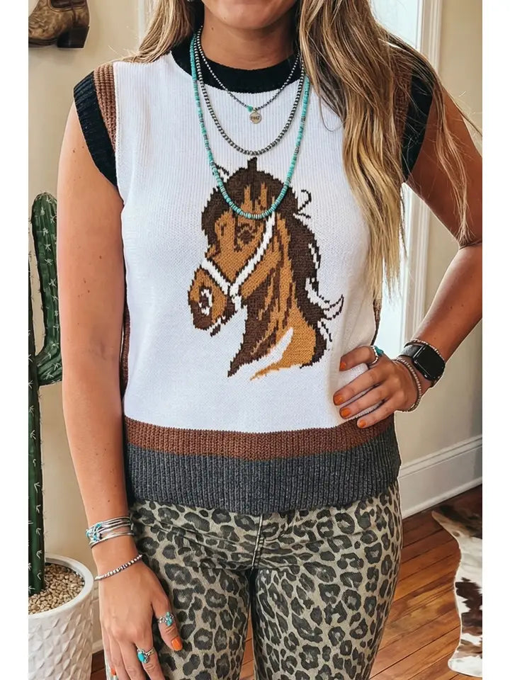 Western Horse Head Colorblock Trim Sweater Vest