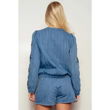 Western Quilted Elastic Waist Denim Shorts