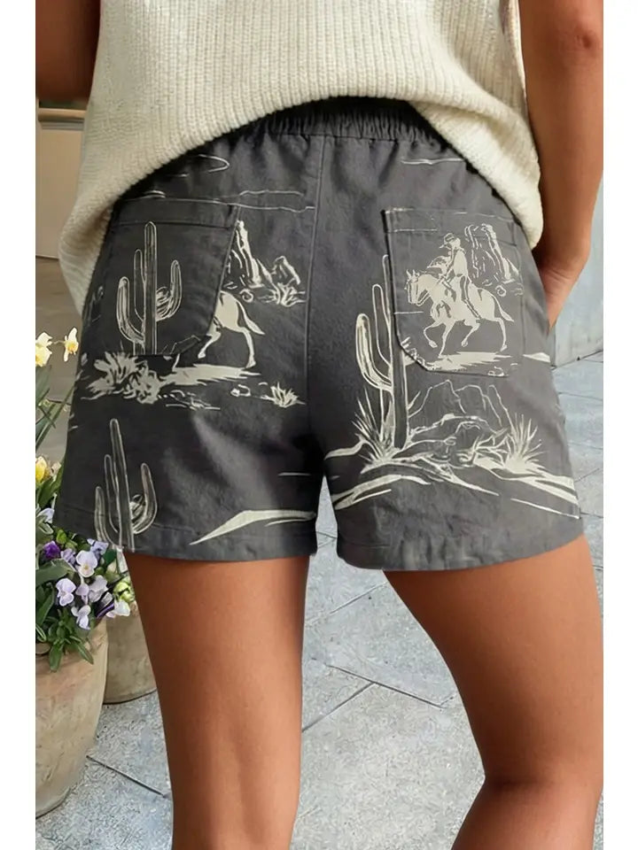 Western Wild West Retro Printed Denim Shorts