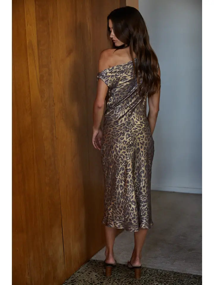 Woven Polyester Leopard Print Cowl Neck Midi Dress