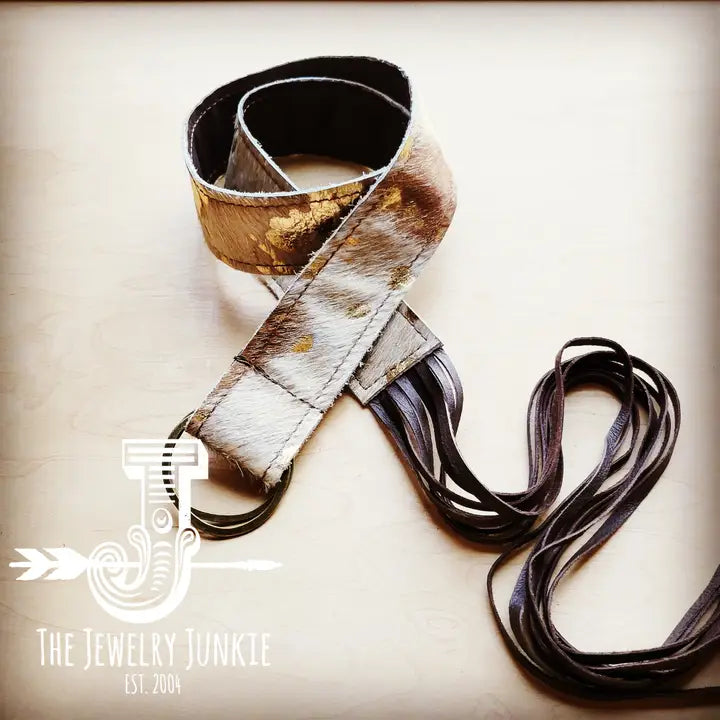 Mixed Metallic Hide Leather Belt Leather Fringe Closure