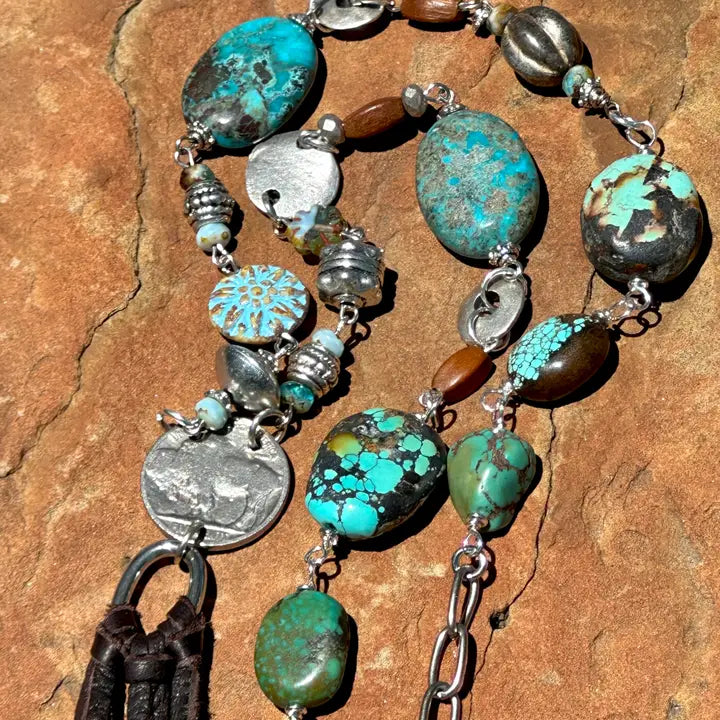 Pueblo; Sequence Buffalo Nickel, Leather Tassel Necklace