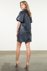 Navy Puff Sleeve Leather Dress