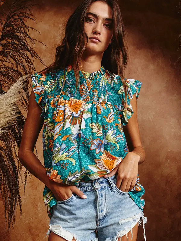 Ruffled Floral Print Top with Smocked Detail