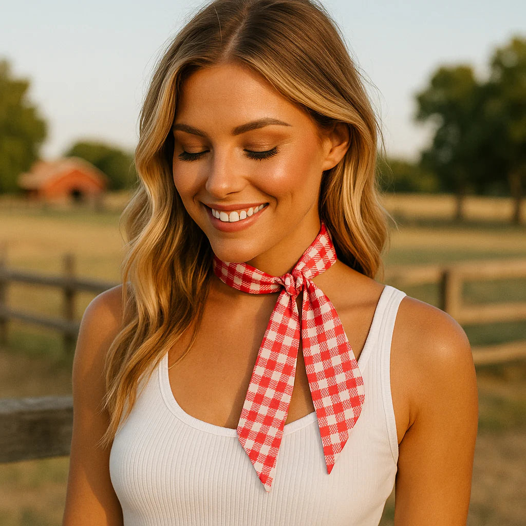 Red and White Gingham Western Skinny Mini Wild Rag Scarf / Cowgirl Necktie