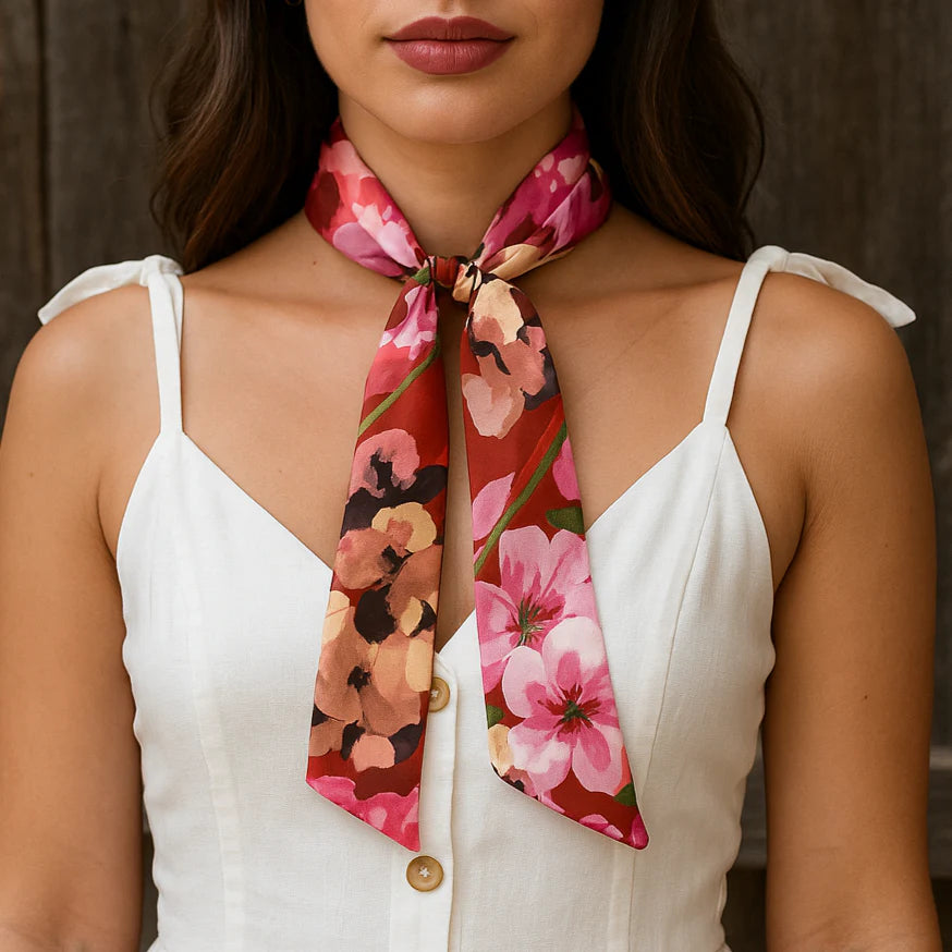 Red and Pink Floral Western Skinny Mini Wild Rag Scarf / Cowgirl Necktie